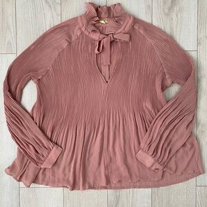 Mauve Dusty Pink Tie Front Long Sleeve Bow Pleated Blouse